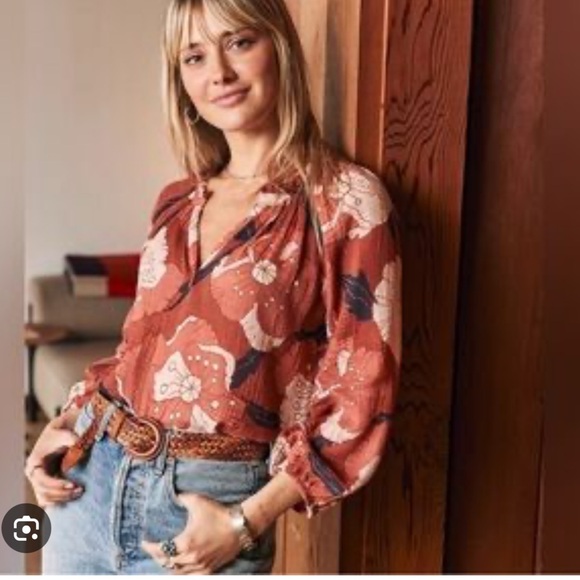 Marine Layer Tops - Lana Jacquard Blouse Floral Terracotta Blouse women XS gauze boho festival Y2K